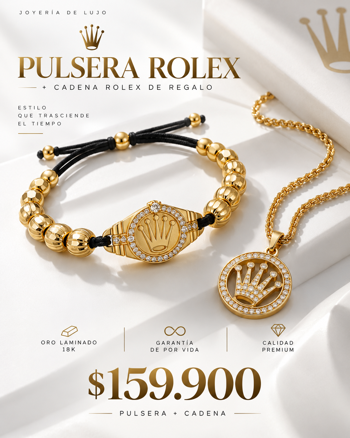 pulsera rolex + regalo cadena oro laminado 18k -  garantia 1 año